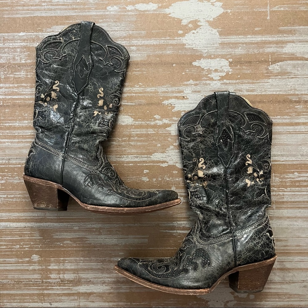 Corral Lizard Inlay Embroidered Leather Cowboy Boots Western Rodeo
